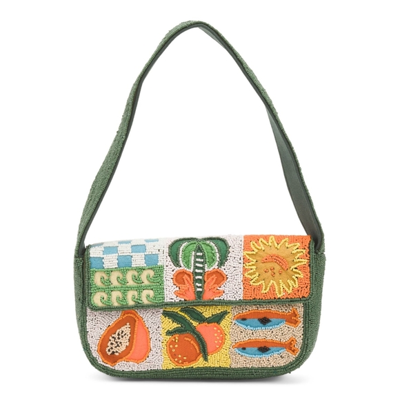 America & Beyond Handbags - Green Embroidered Mosaic Shoulder Bag with Fruit & Sun Motifs